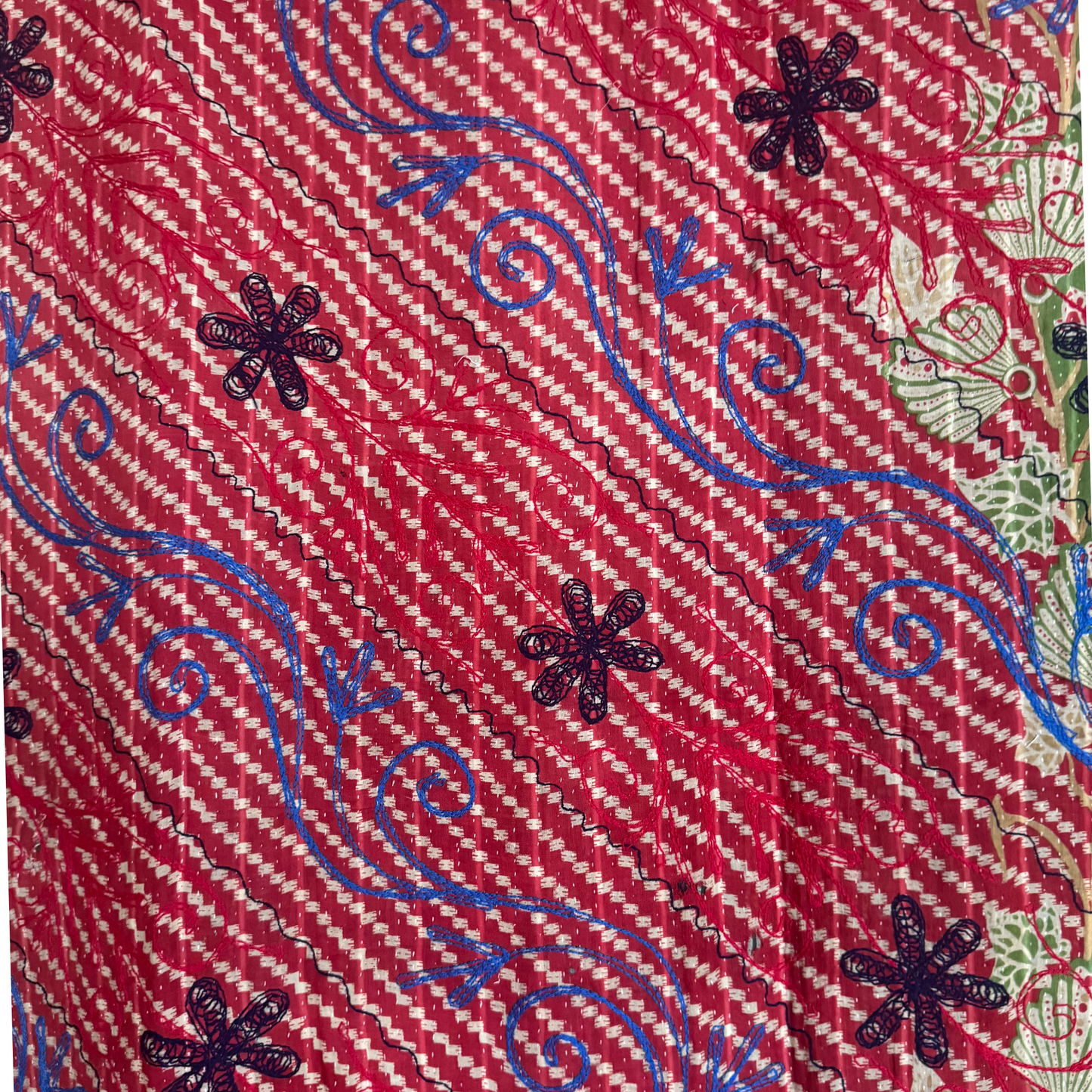 Reverse view showing contrasting sari patchwork and hand-stitched running stitch texture
