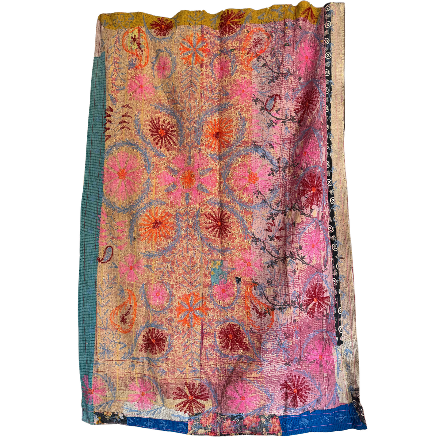 Reverse side of textile with rose-toned sari fragments threaded with contrasting running stitches