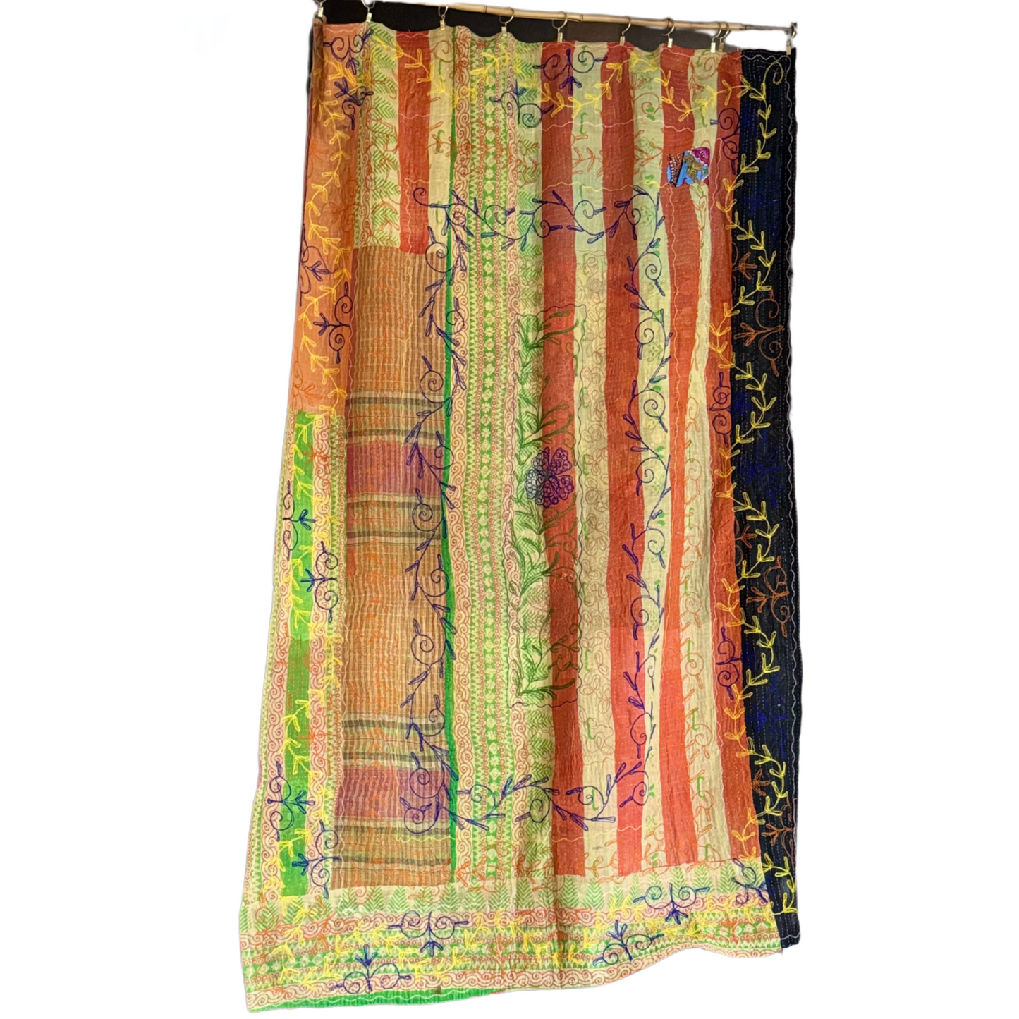 Full-size kantha textile with vertical sari stripes and decorative embroidery