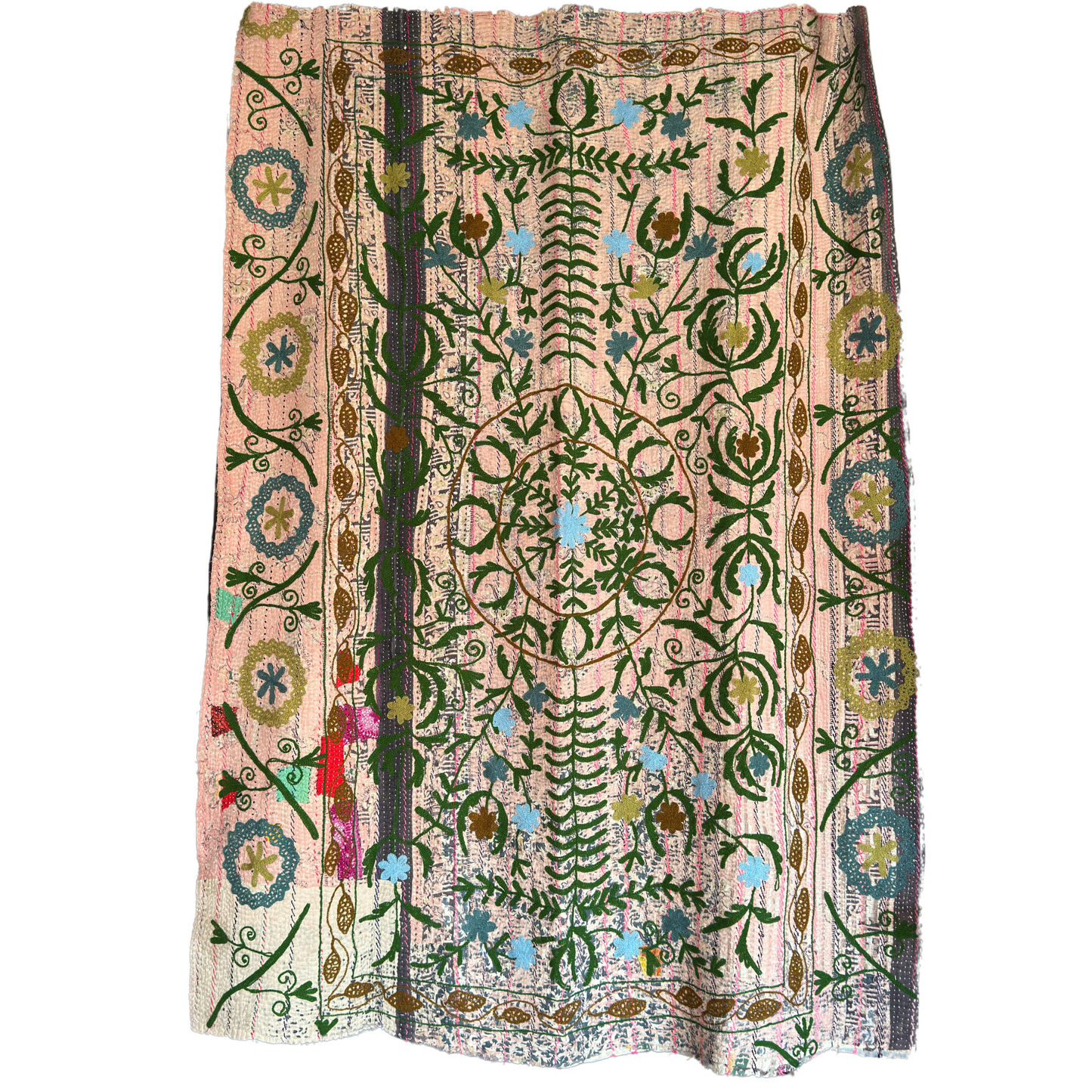 Detail of hand-embroidered kantha with symmetrical vine and floral motifs in green and blue