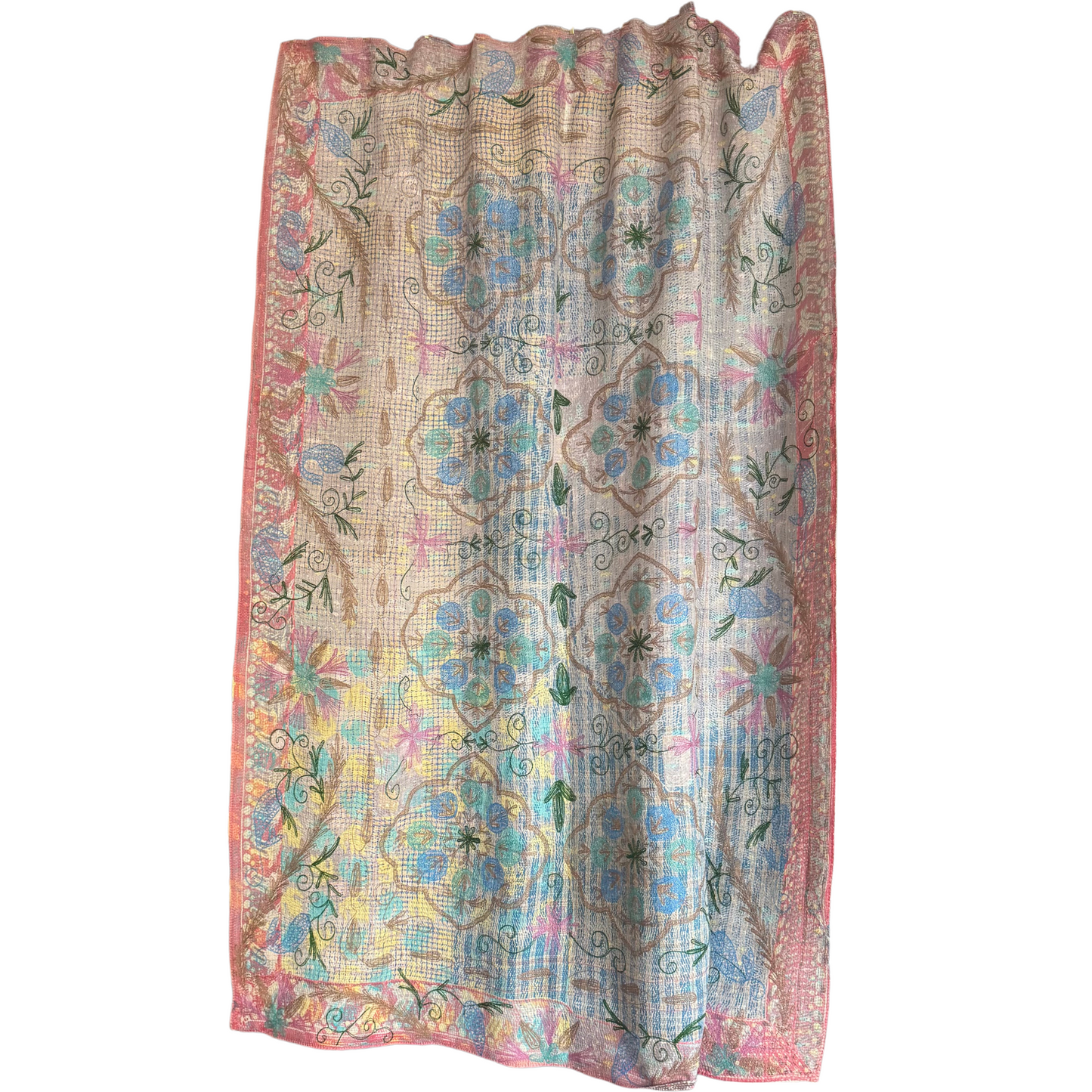 Olive-green vine embroidery and warm brown floral motifs along the border of kantha textile