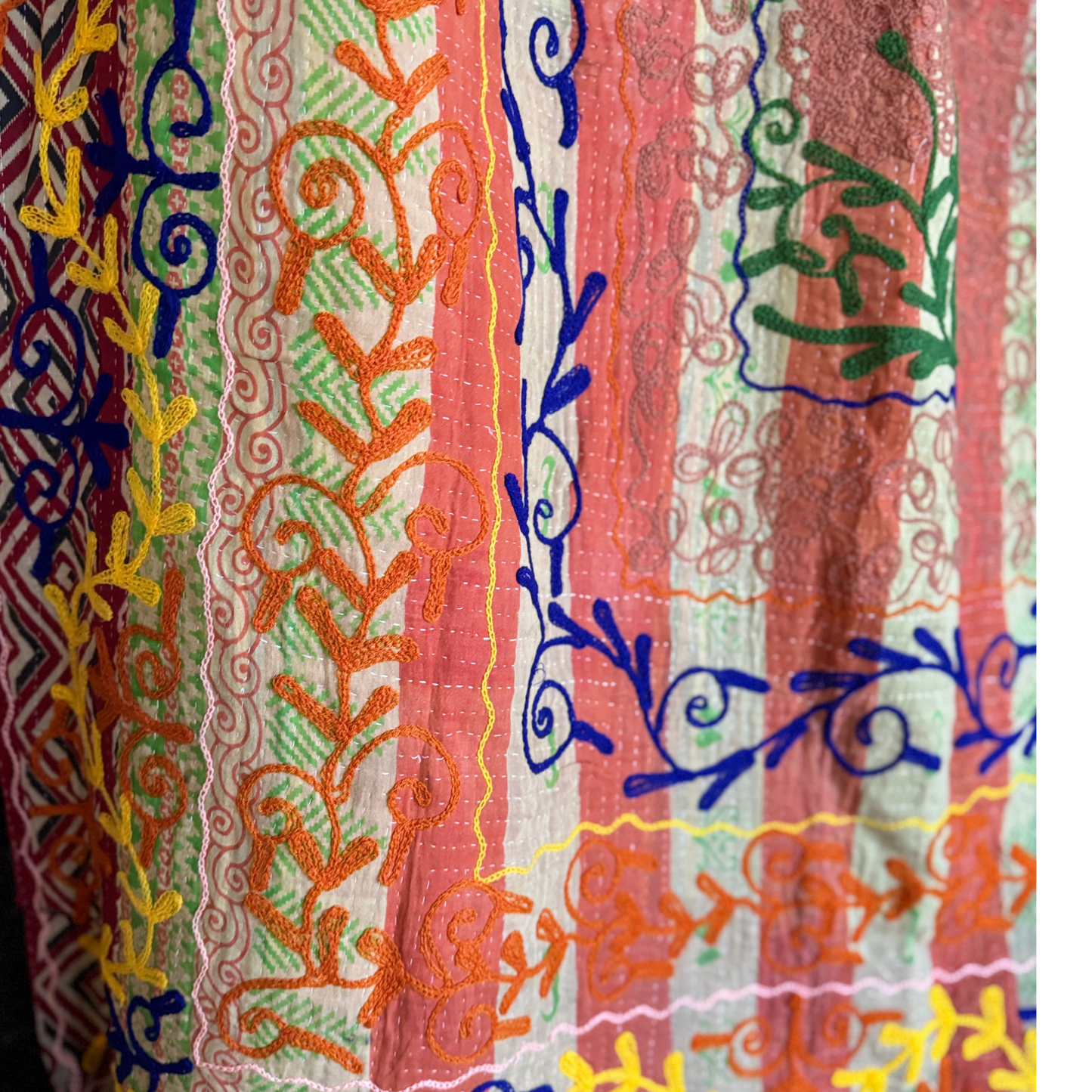 Detail of hand-stitched kantha with vine motifs and contrasting colour palette