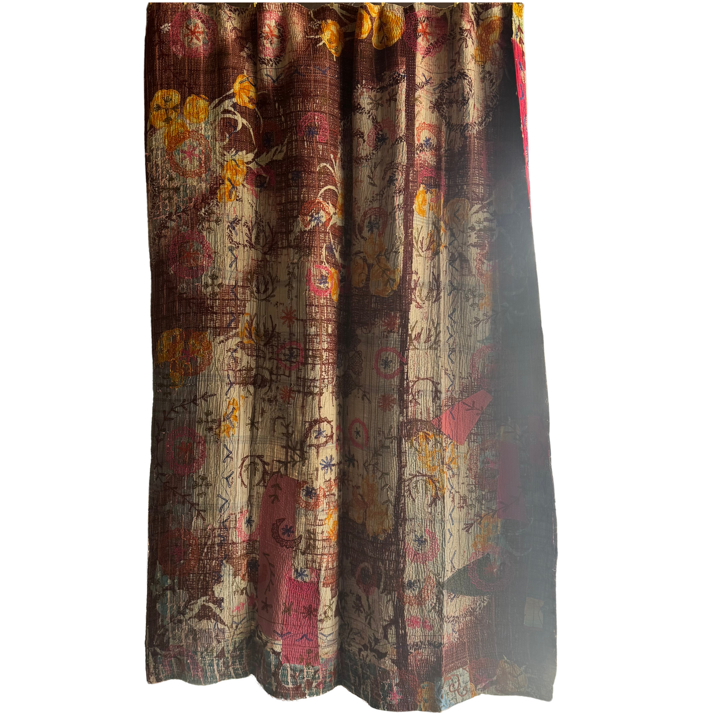 Full back view of khanta with reversed pattern and muted brown-blue tones