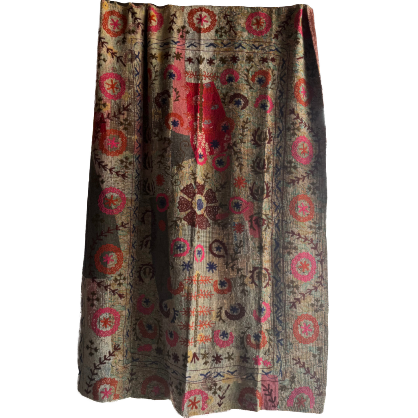 Full front view of khanta in beige base with burgundy, fuchsia and blue floral embroidery