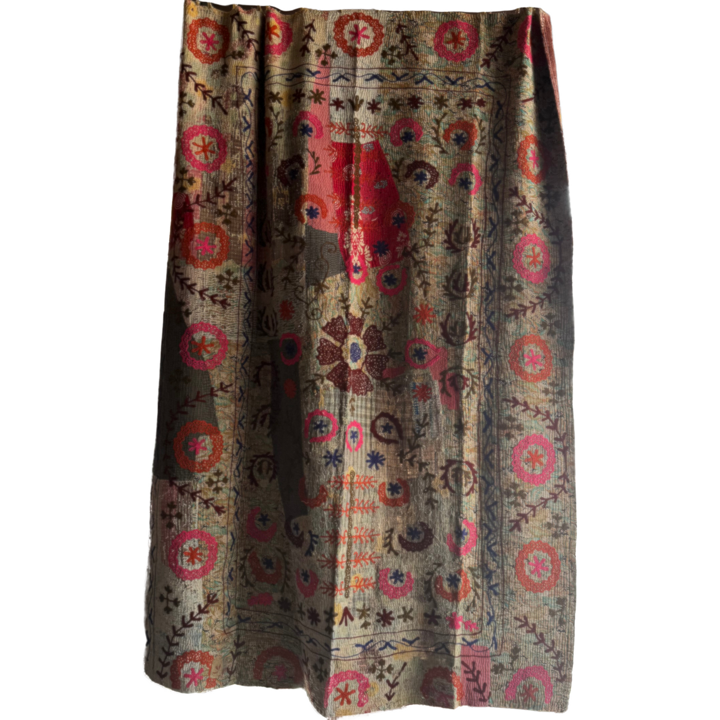Alternate full-front shot showing the entire embroidered panel on beige cotton