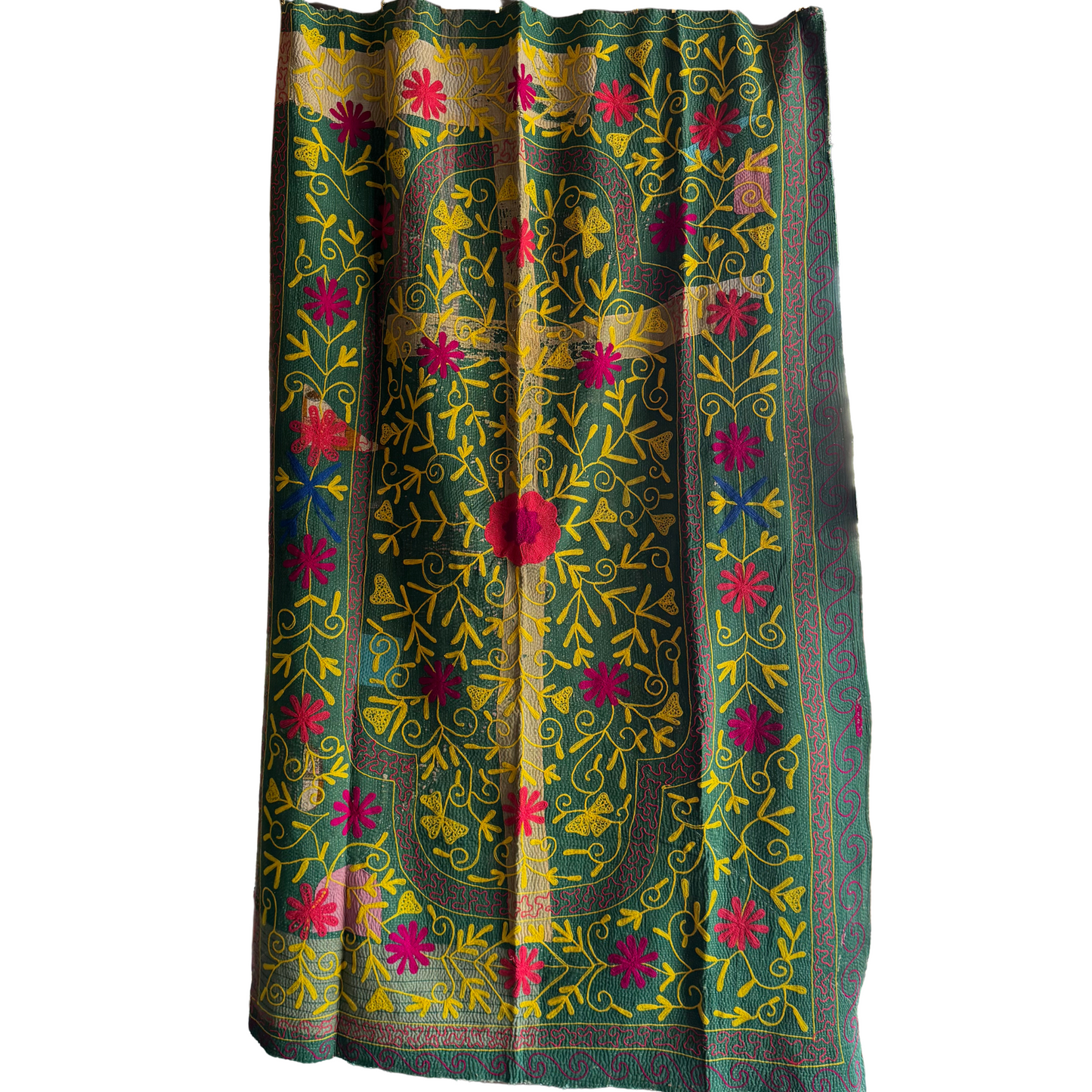 Full view of the contrasting green-yellow-fushia front panel of the khanta