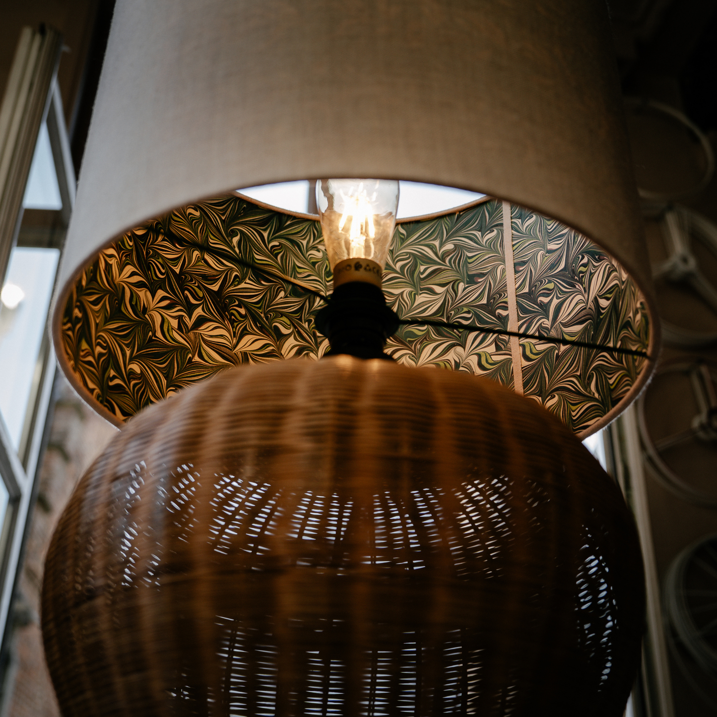 Close-up of warm honey-toned woven rattan texture