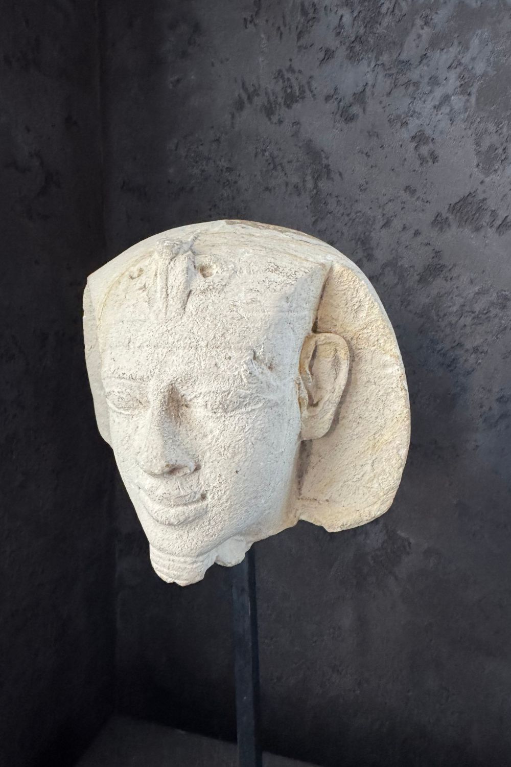 Three-quarter angle of the stone pharaoh head sculpture, highlighting the facial features and stone texture.
