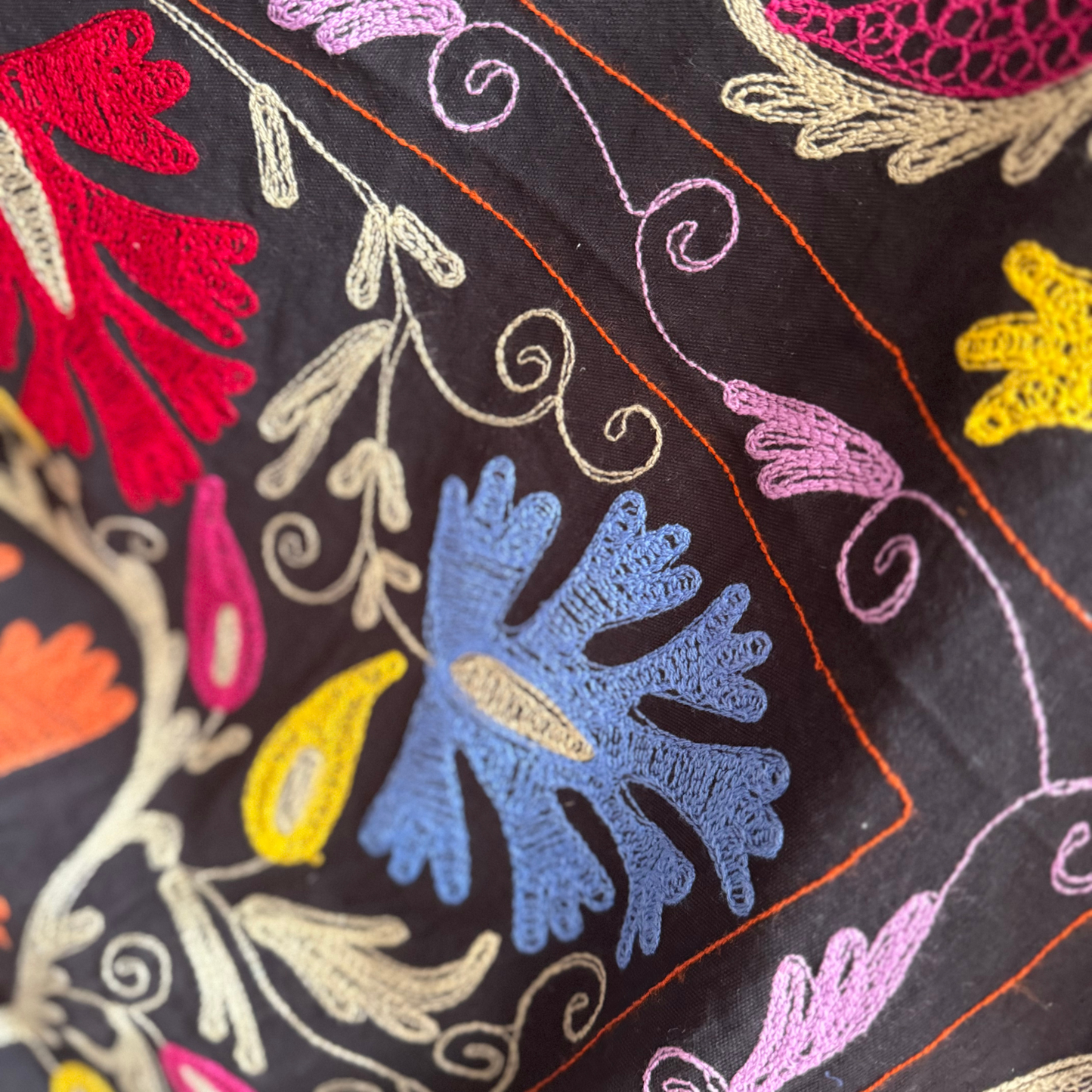 Close-up of reversible chain-stitch pattern on black backing