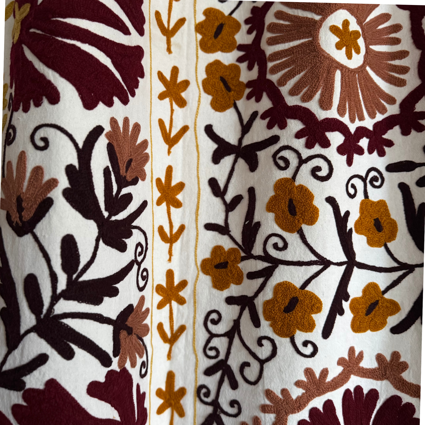 Embroidered edge detail of Suzani textile with golden floral border