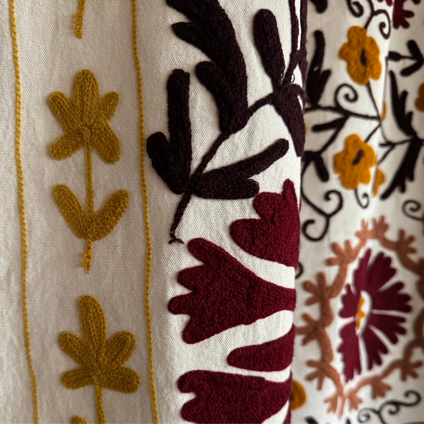 Central floral medallion on hand-stitched Suzani textile from India