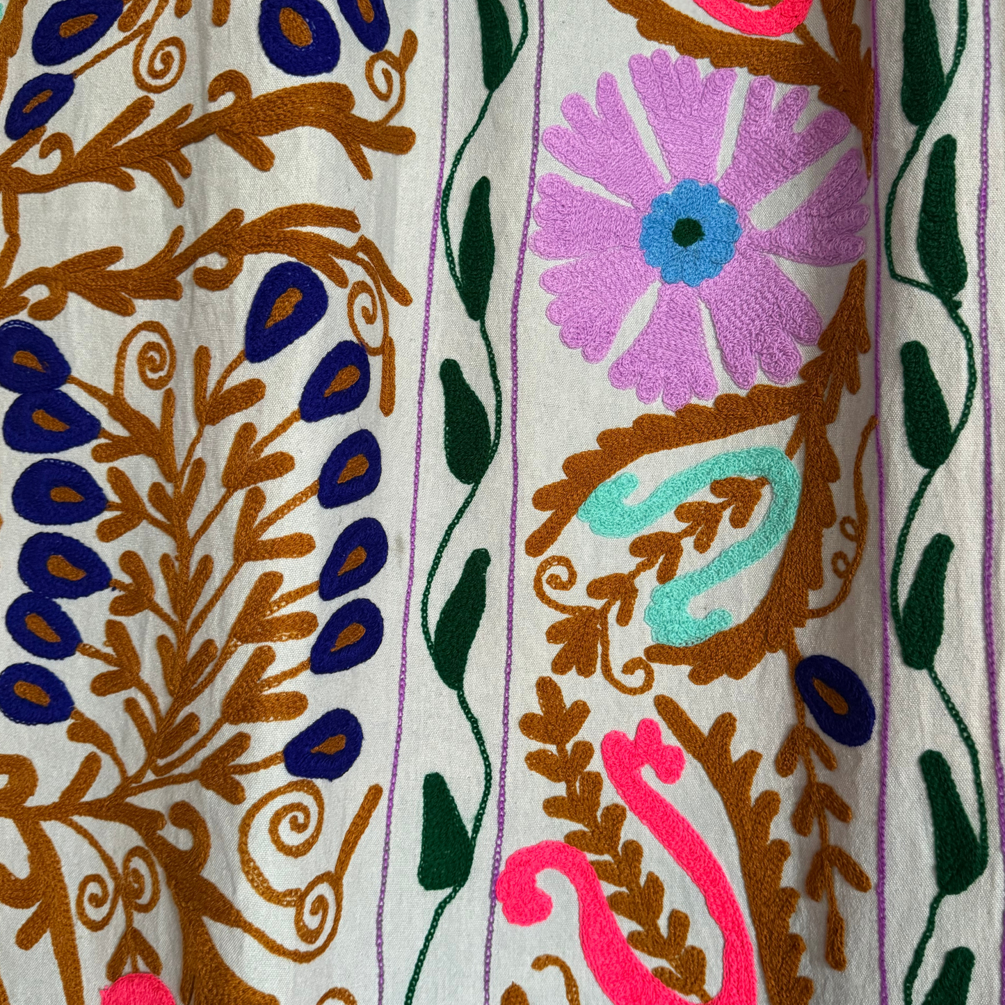 Close-up of Suzani border embroidery with bright paisley and leaf designs in pink, aqua, and mustard