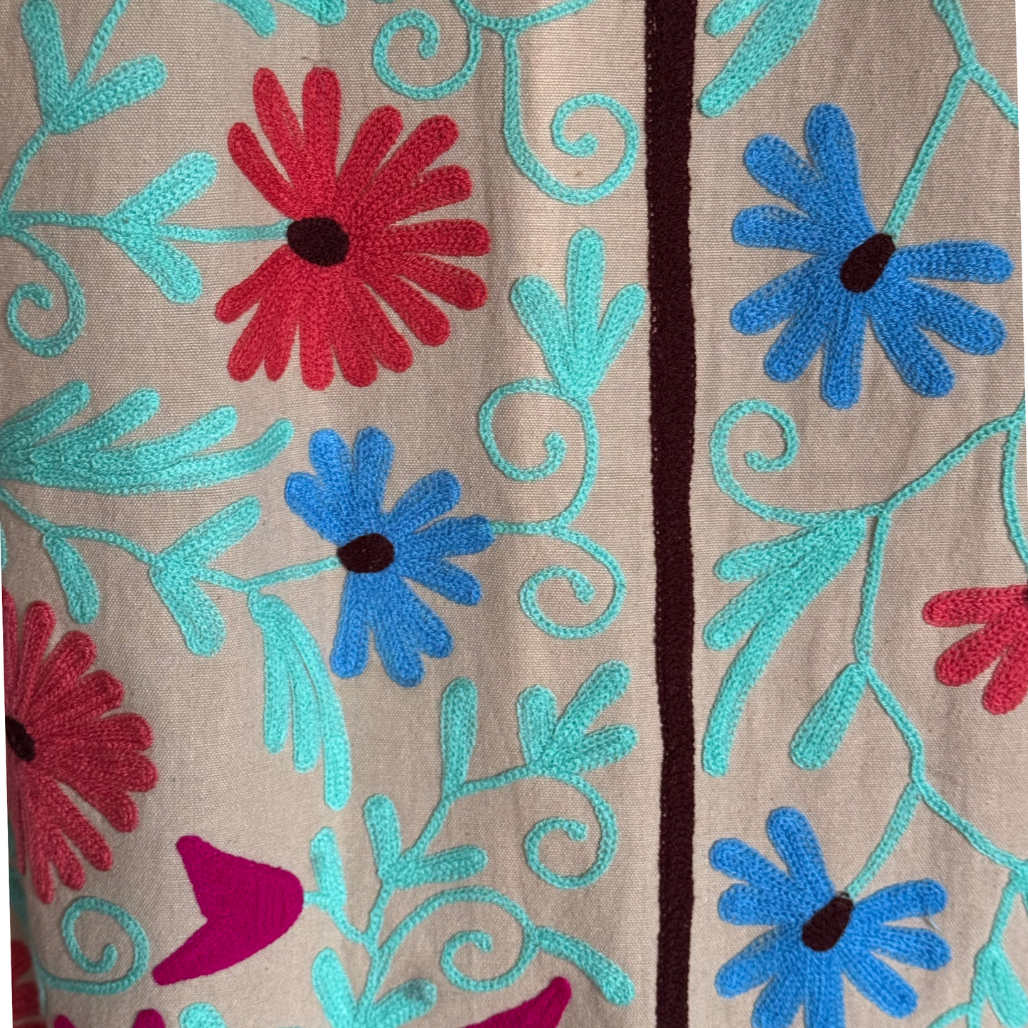 Close-up of Suzani embroidery showing floral scrolls in blue, red, and aqua