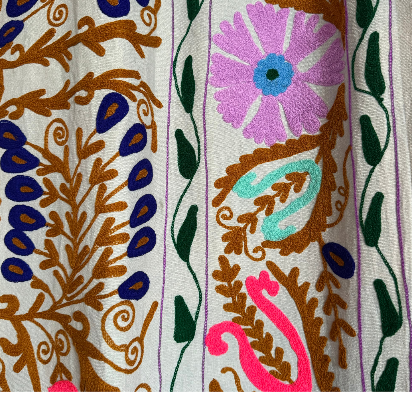 Detail of pink blossom and green vine embroidery on soft green cotton background