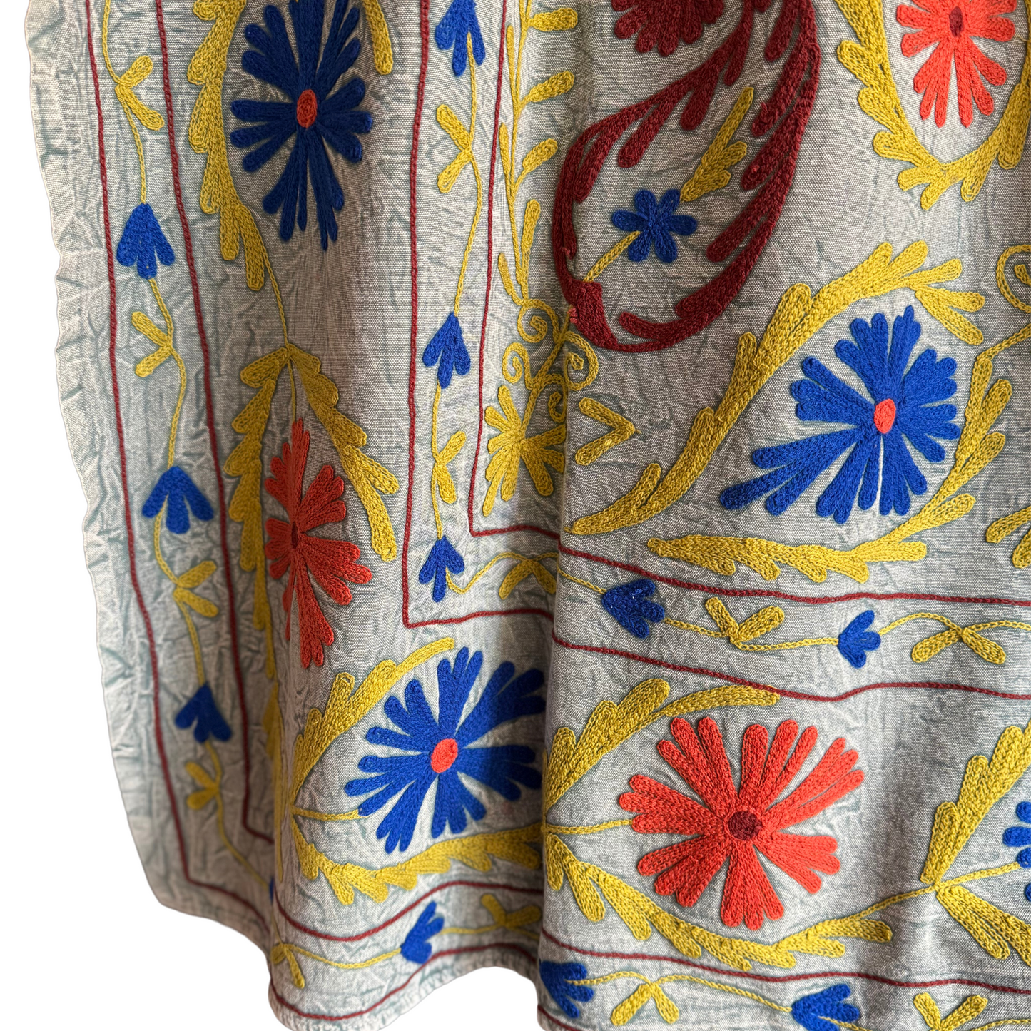 Full reverse view of suzani showing light-grey sari ground and embroidered motifs on the back side
