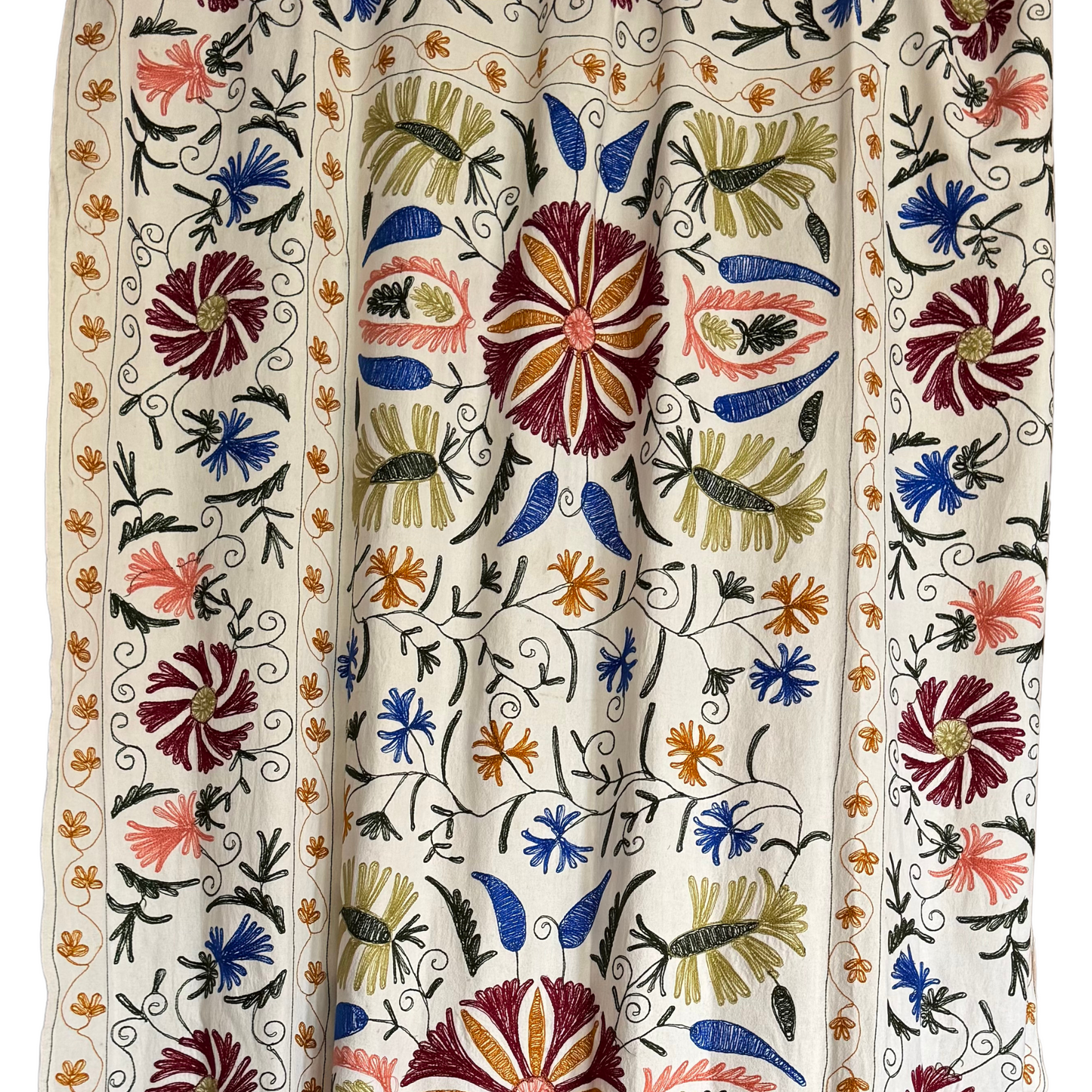 Reverse side of Suzani embroidery showing cotton backing and stitch structure