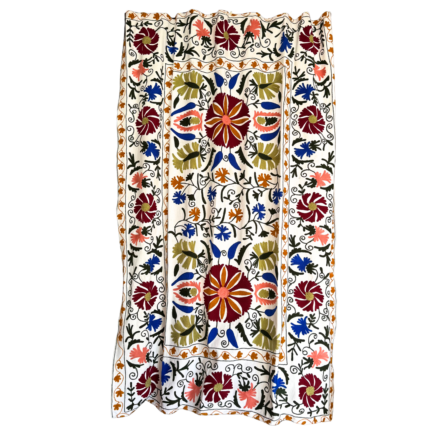 Close-up of embroidered burgundy and ochre floral motif on white Suzani background