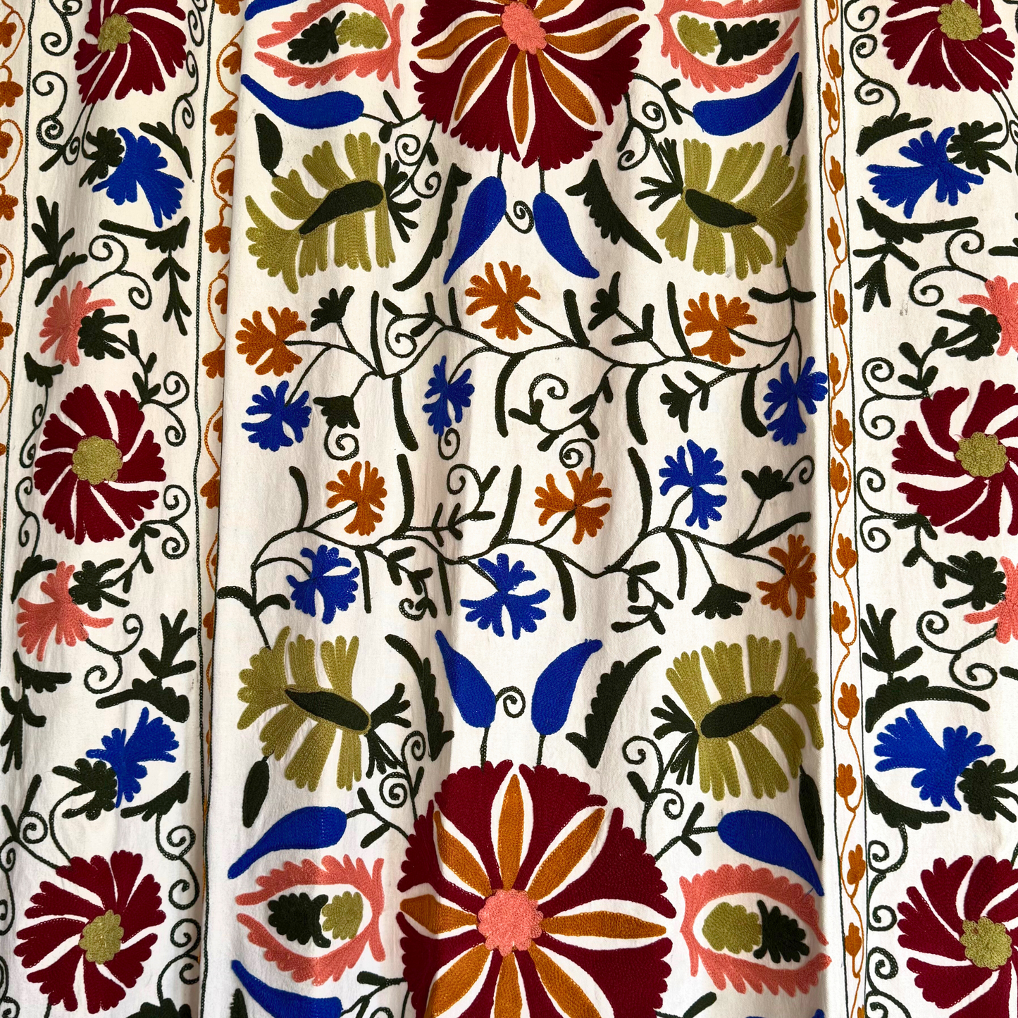 Macro shot of dense hand-stitched cotton embroidery on Suzani textile