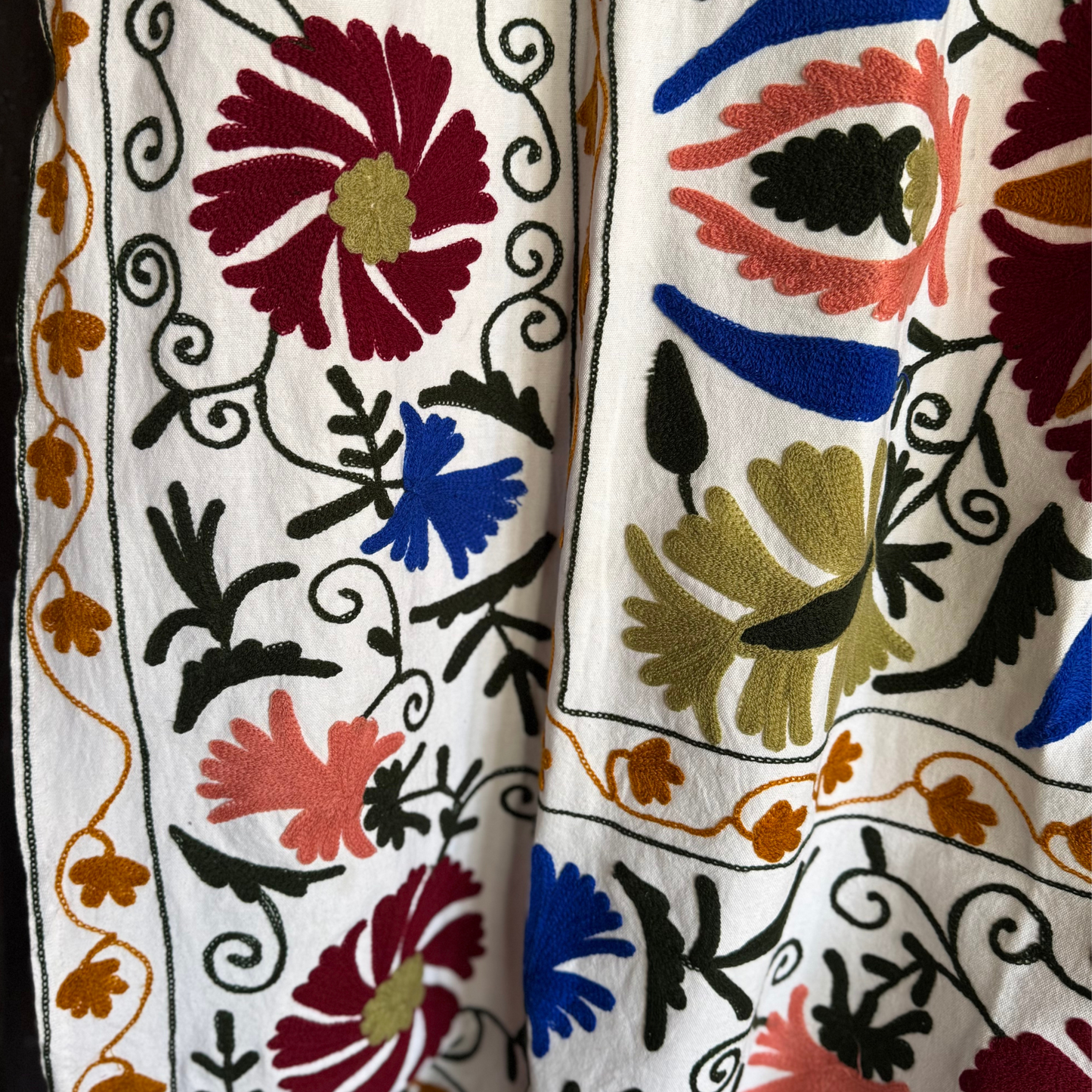 Detail of swirling vine embroidery in olive green and cobalt blue threads