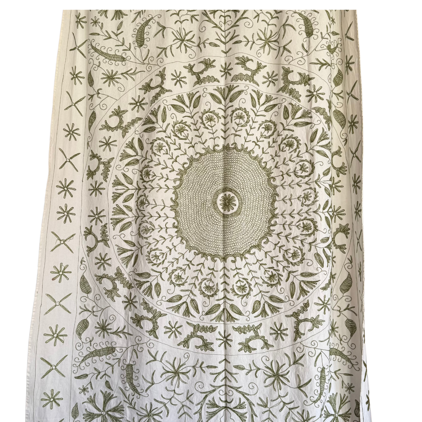 Detail of reverse running-stitch work in olive-green visible through the embroidered front