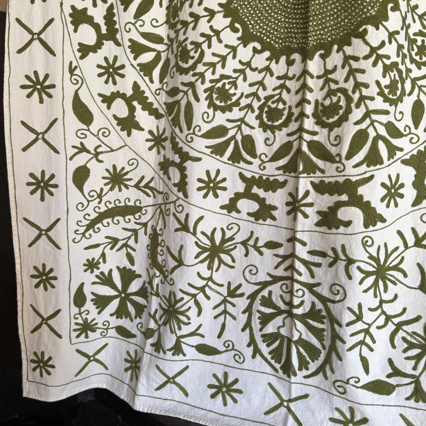 Reverse side of suzani textile showing plain white cotton back and neat running-stitch outlines