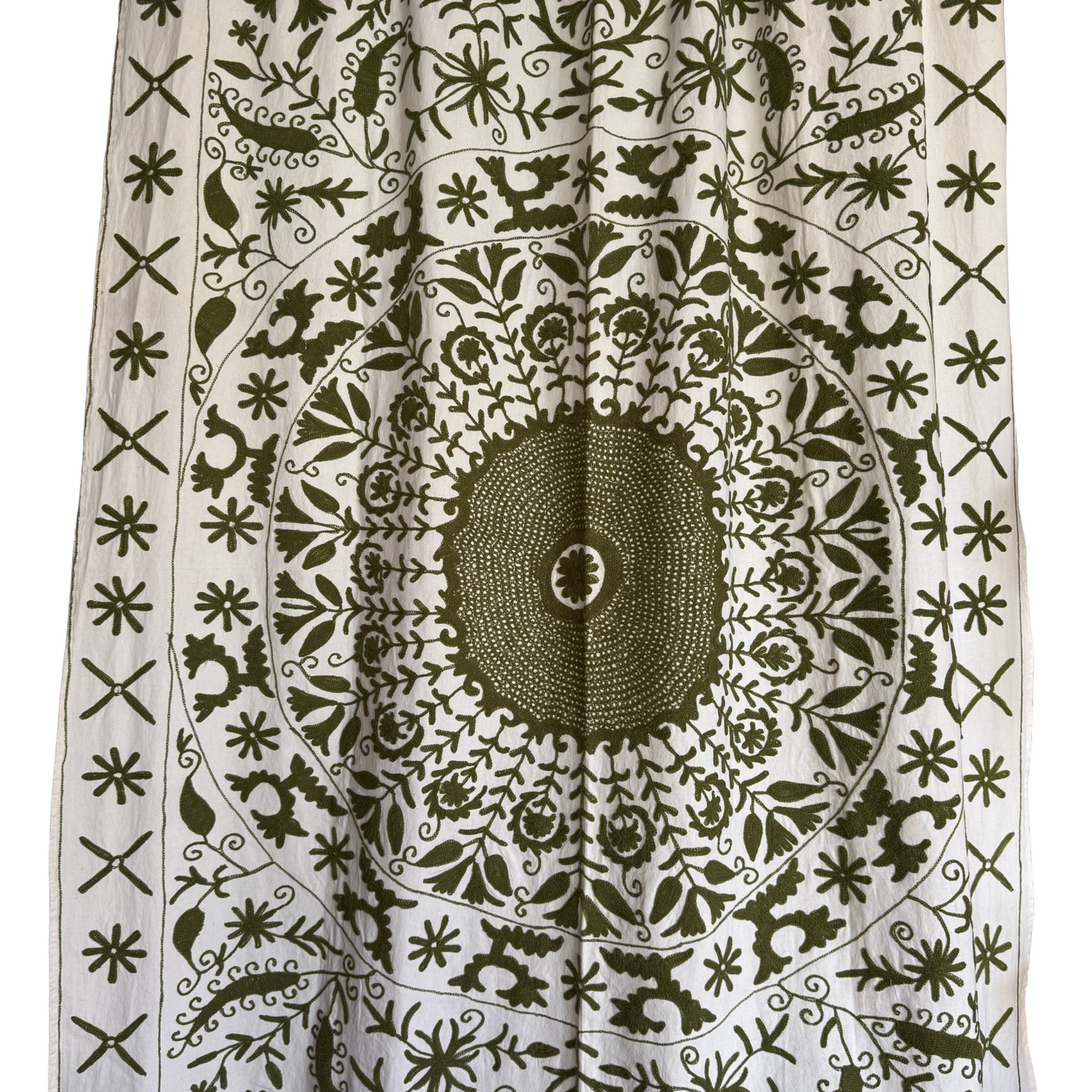 Close-up of olive-green floral and vine embroidery on white background showing hand-stitched texture