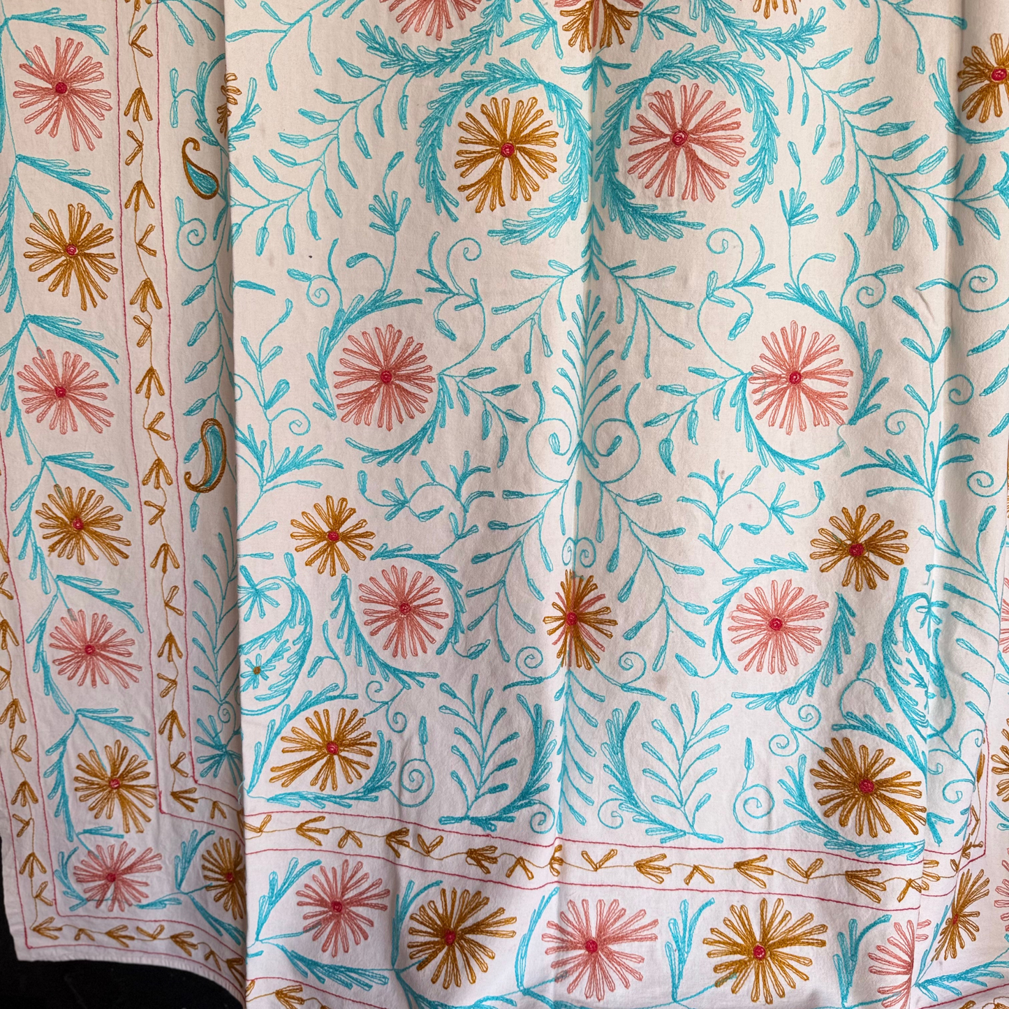 Reverse of suzani displaying running-stitch texture and tonal embroidery shadows