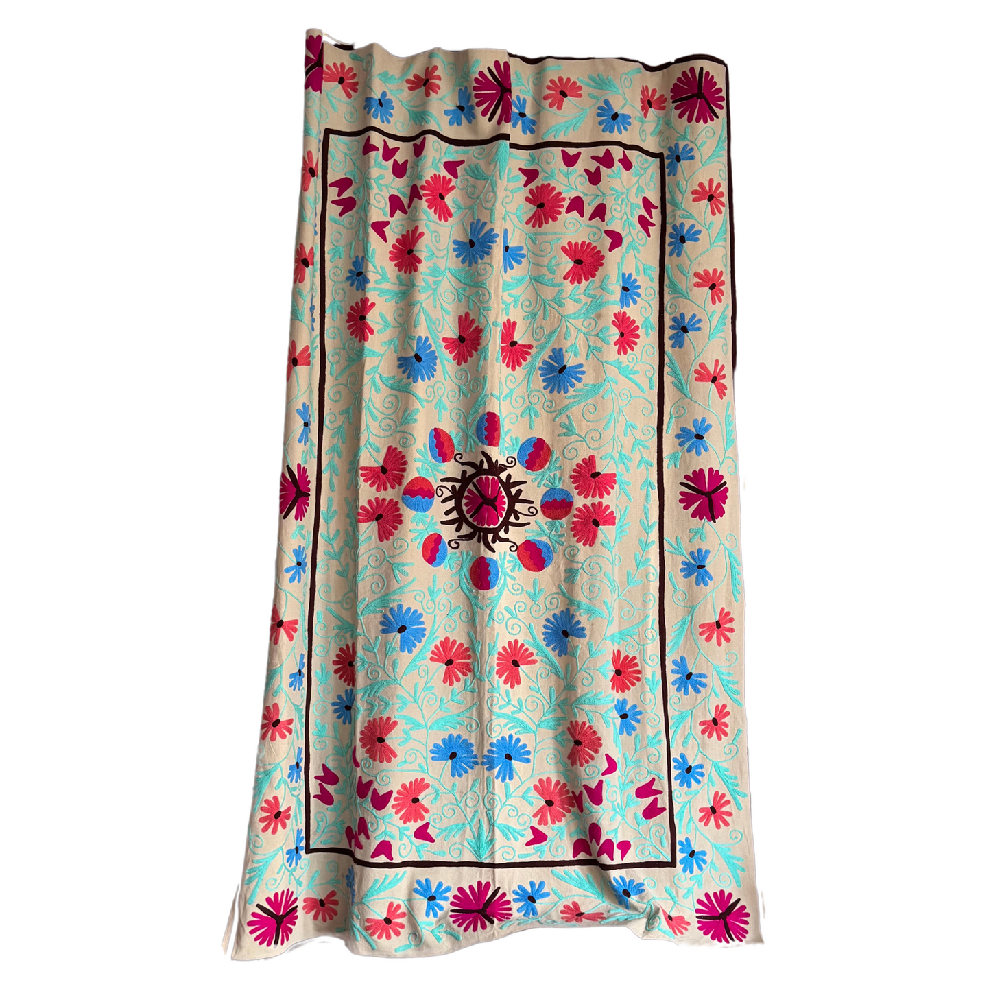 Hand-embroidered Suzani with central floral medallion and bright botanical patterns