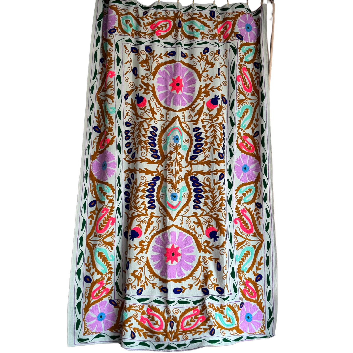 Full-size decorative Suzani with symmetrical floral and leaf embroidery in high-contrast tones