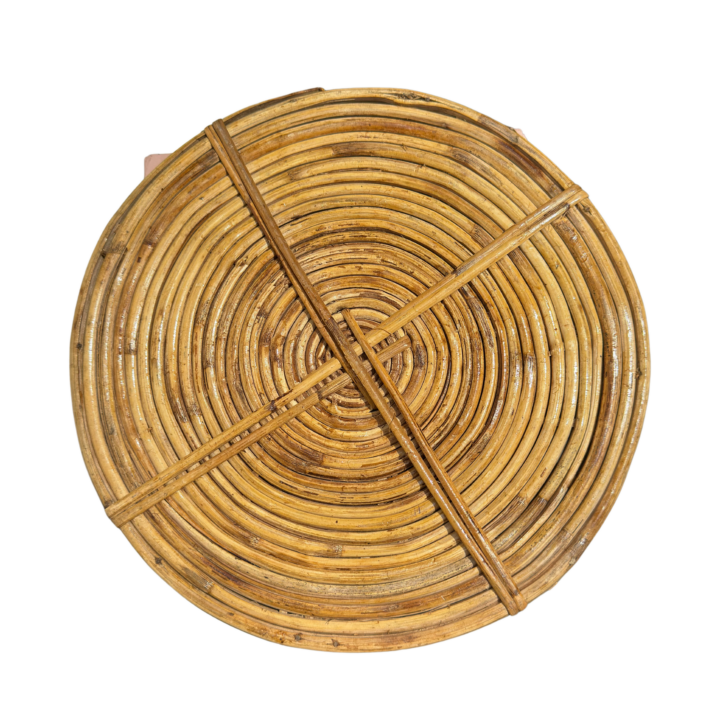 Bottom view of rattan and brass tray construction