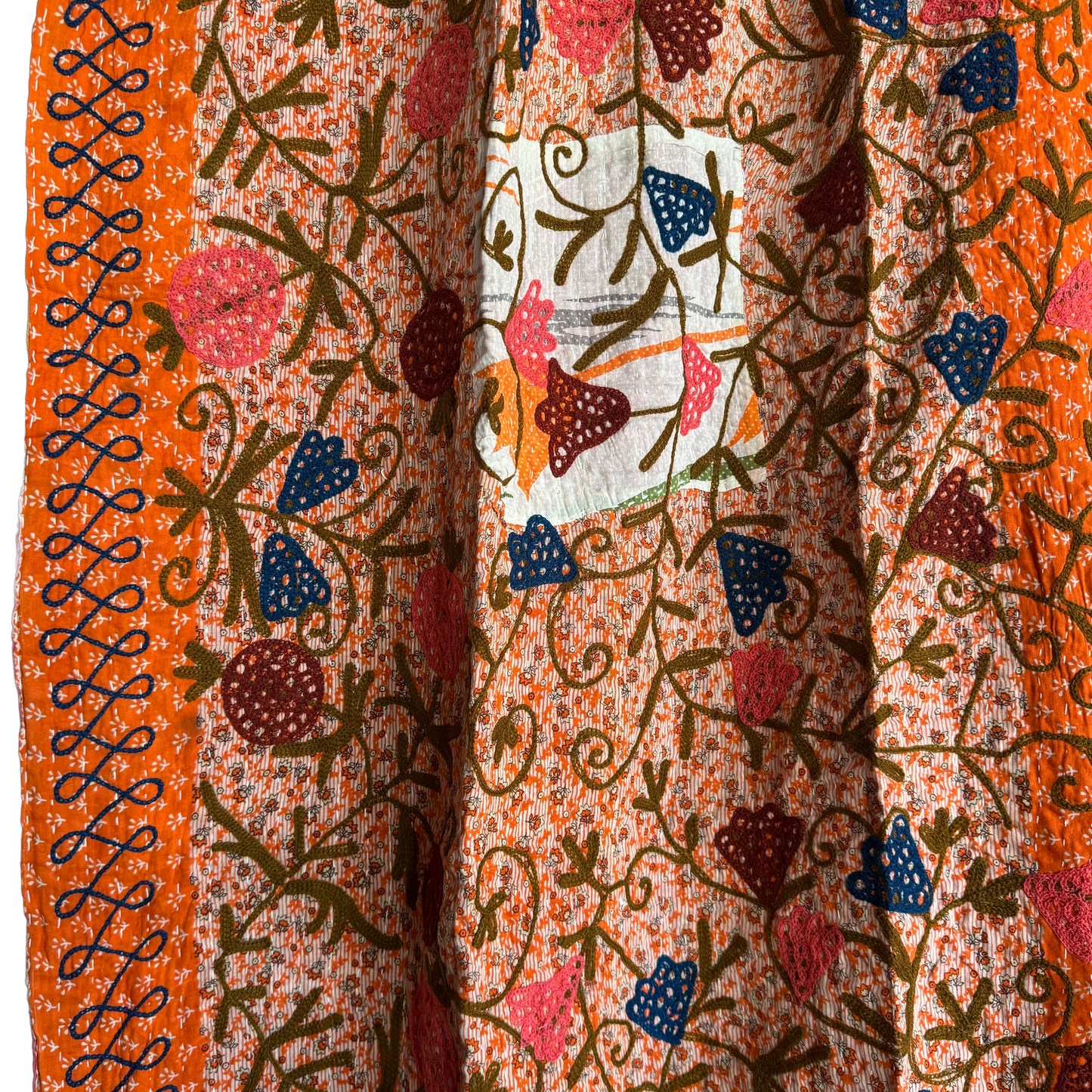Kantha I Hand-Stitched Cotton Throw in Vibrant Orange & Teal