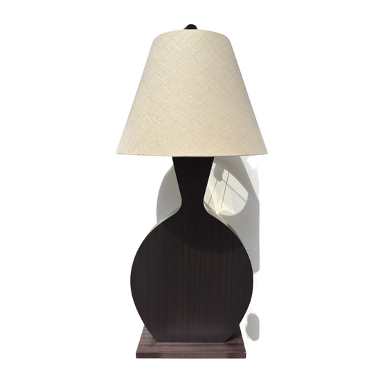 Vintage sculptural table lamp, Roche Bobois style, wood base with linen shade, 1980s
