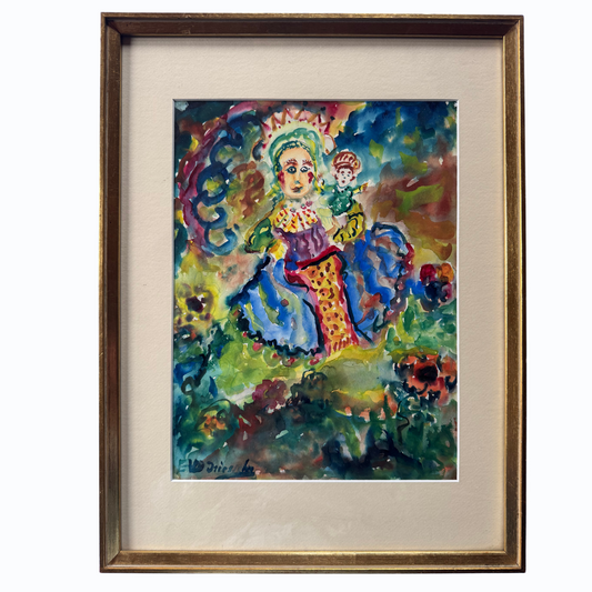 Aquarel Madonna met Kind door Ernest Van den Driessche, ca. 1970, ingelijst met originele achterkant, naïeve kunst uit België.