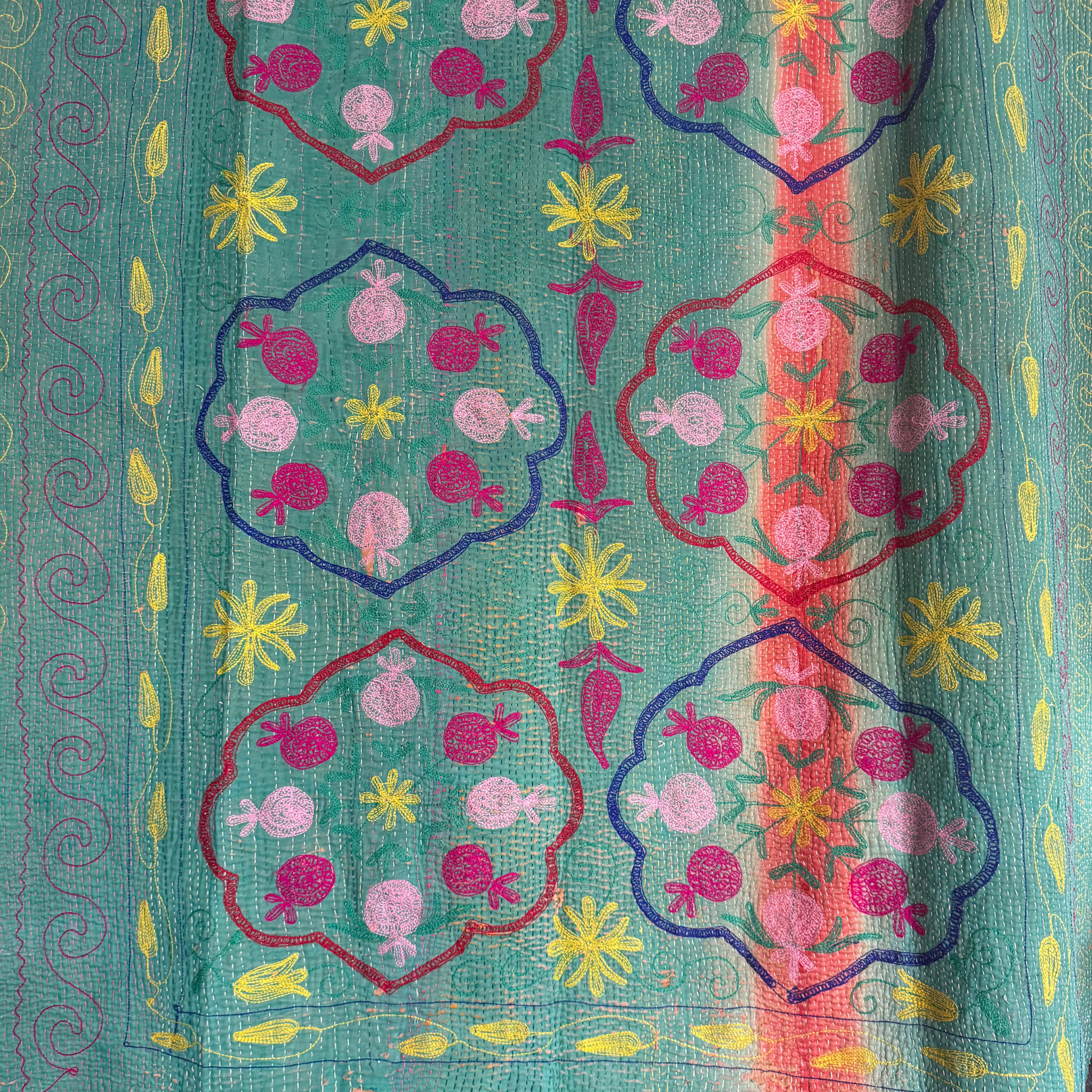 Detail of sunshine-yellow scalloped running-stitch border on cotton Kantha quilt