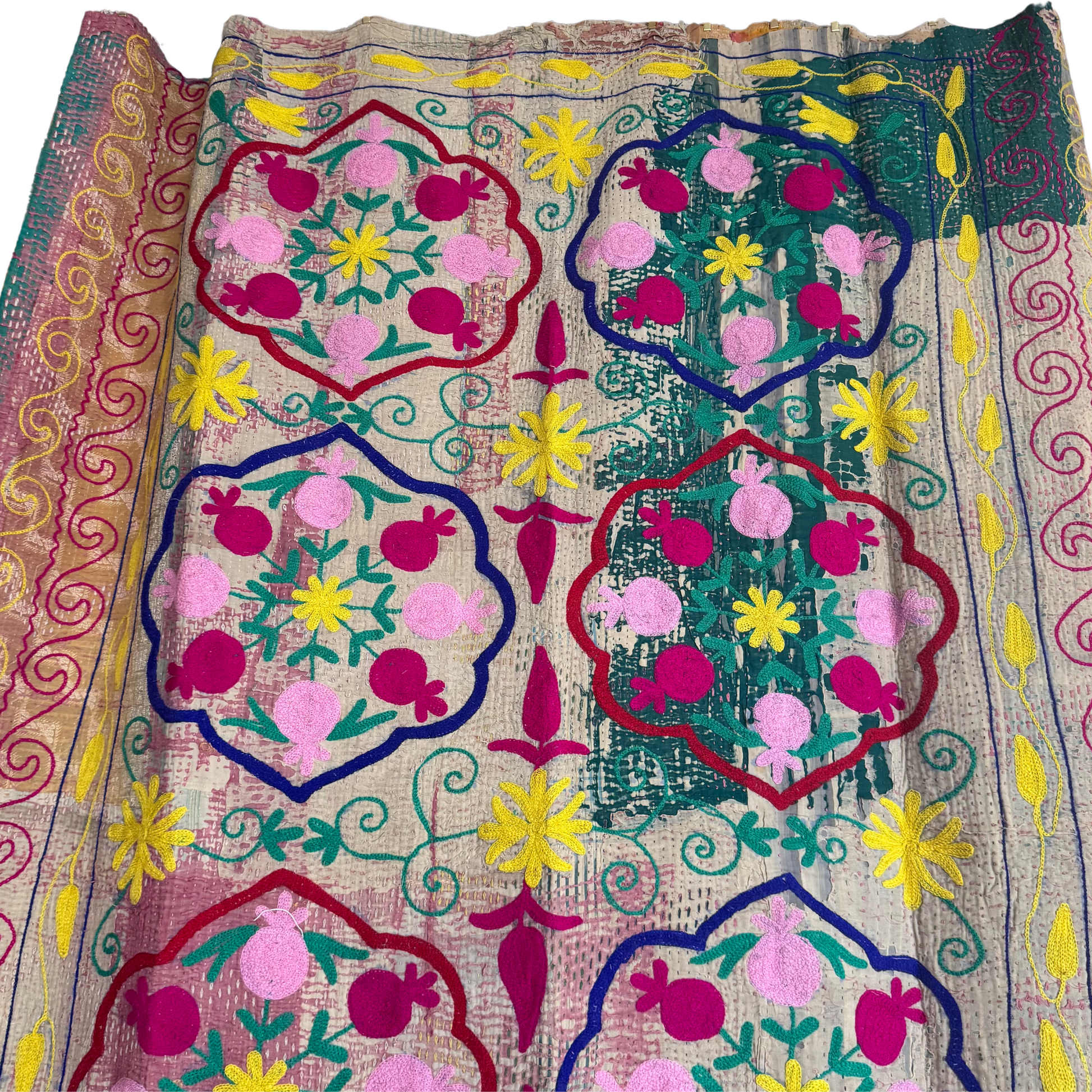 Detail of layered running-stitches in yellow and teal revealing sari scrap texture