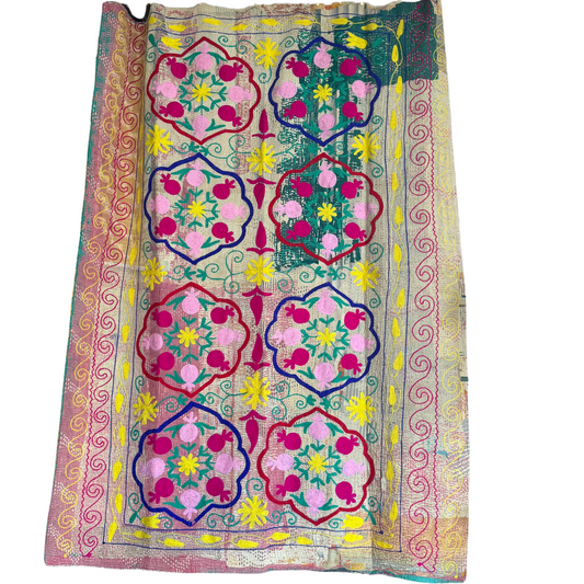 Front view of hand-stitched teal, fuchsia & yellow cotton Kantha quilt throw 135×172 cm, reversible artisan décor”
