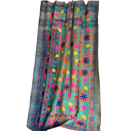 Front view of hand-stitched rust-orange, teal & olive cotton Kantha quilt throw 171×250 cm, reversible artisan decor