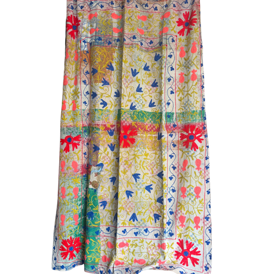 Front view of hand-stitched neon-coral, chartreuse & cobalt cotton Kantha quilt throw 220×145 cm, reversible boho decor