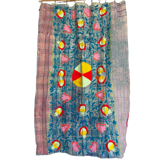Front view of hand-stitched teal, coral & yellow cotton Kantha quilt throw, reversible boho home decor.