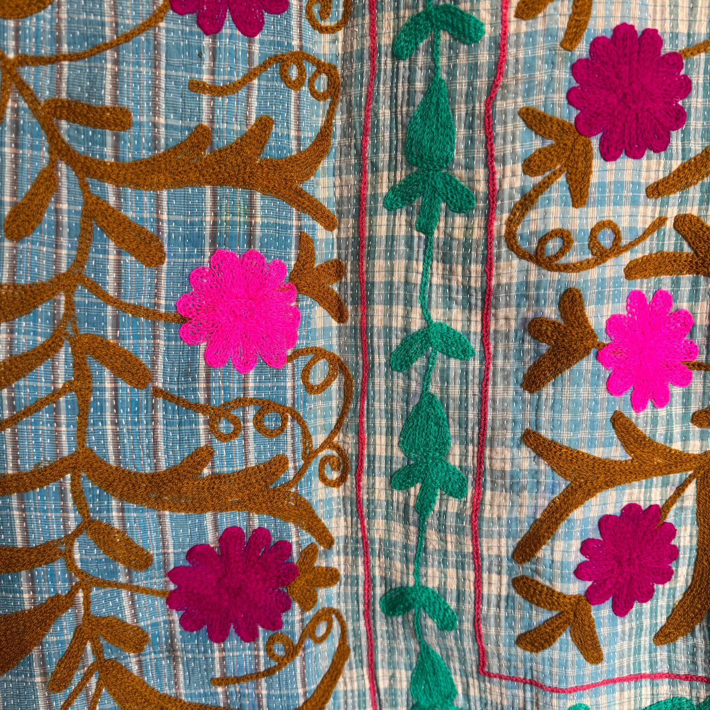 Close-up of dense chain-stitch embroidery