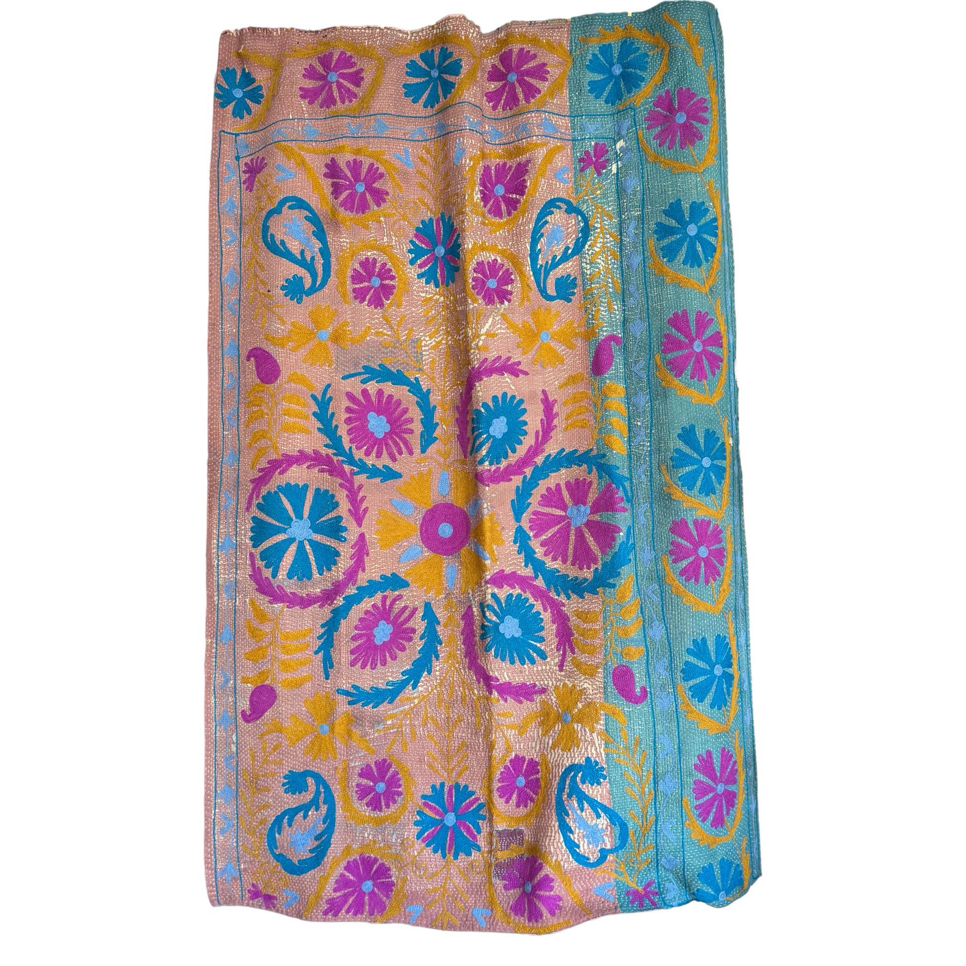 Detail showing layered sari scraps and muted running stitches adding texture to the kantha