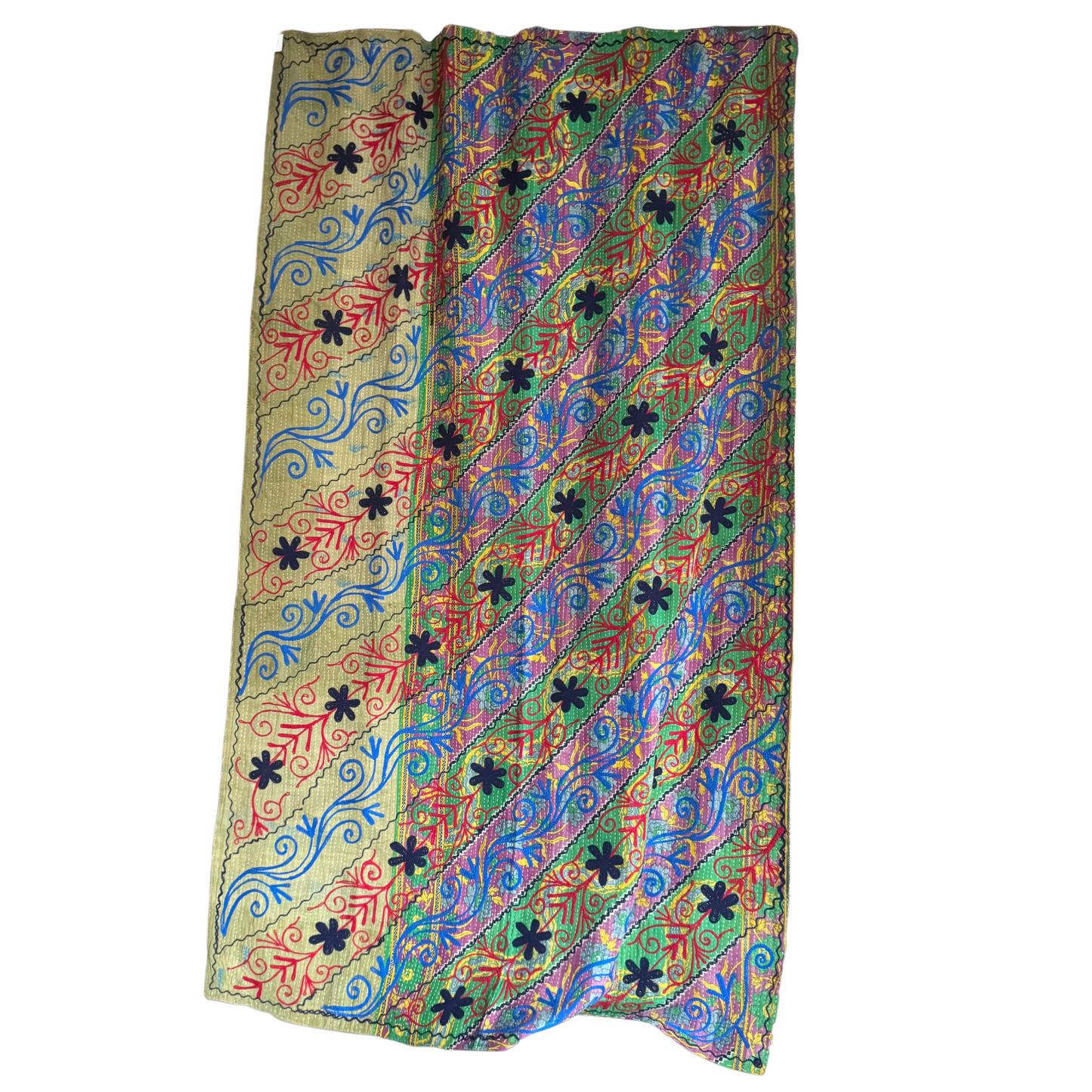 Full view of kantha textile with olive-gold panel and diagonal multicolour stripe panel