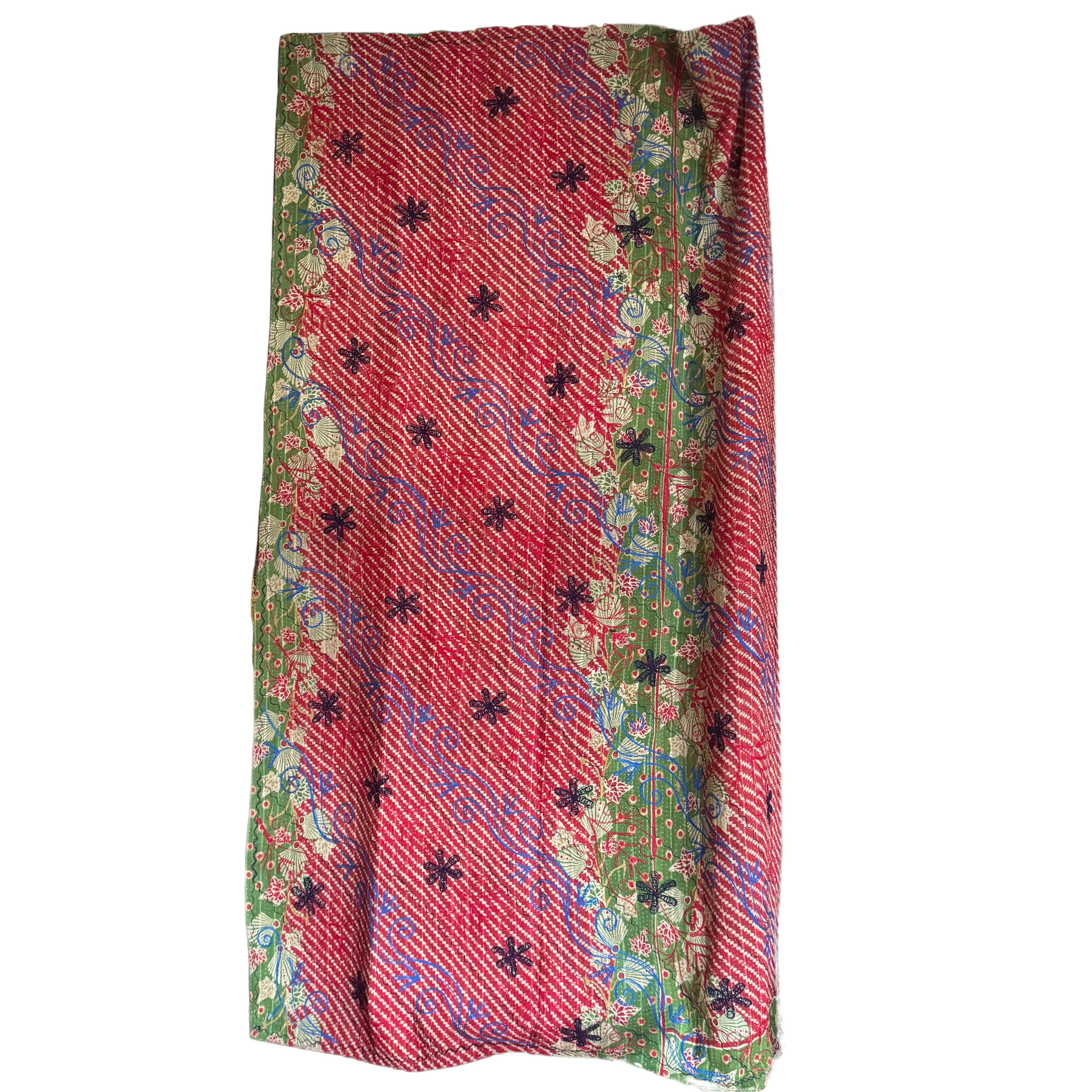 Embroidered scrollwork on olive-gold sari ground with fine kantha stitching