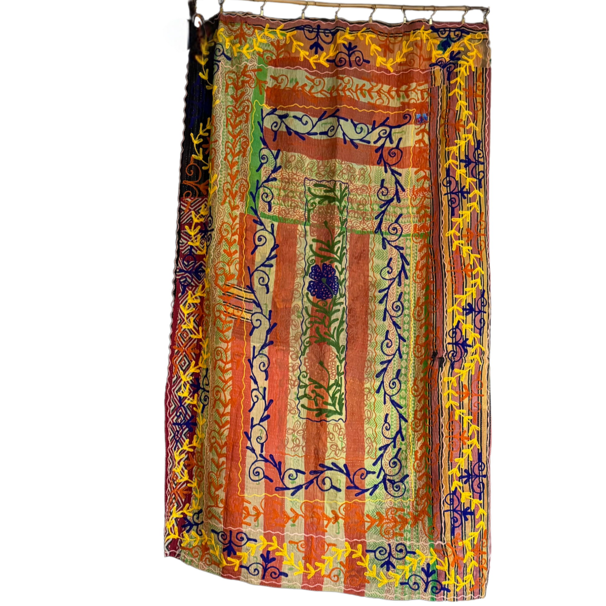Reverse side of kantha throw with striped sari patchwork in warm tones