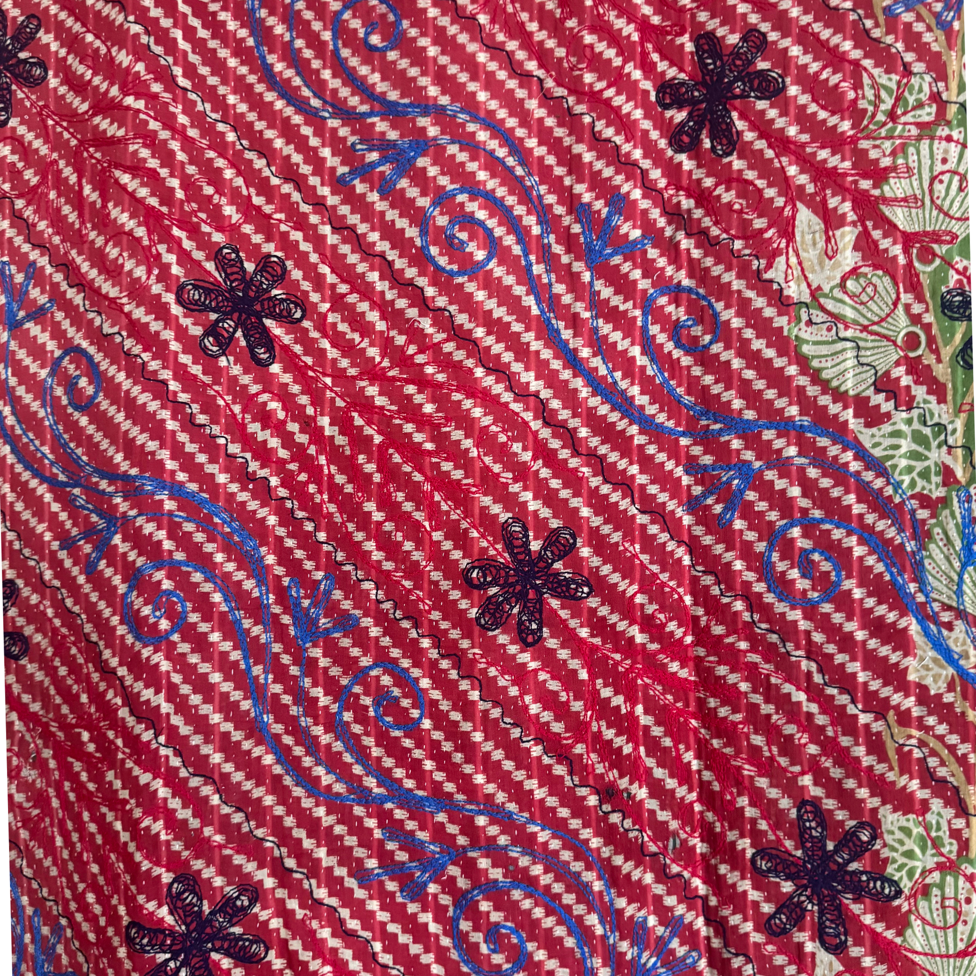 Reverse view showing contrasting sari patchwork and hand-stitched running stitch texture

