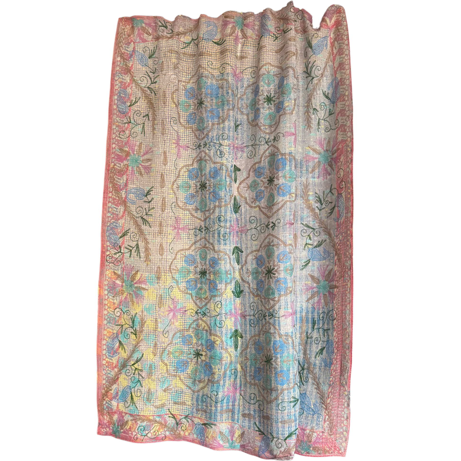 Olive-green vine embroidery and warm brown floral motifs along the border of kantha textile

