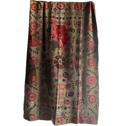Full front view of khanta in beige base with burgundy, fuchsia and blue floral embroidery