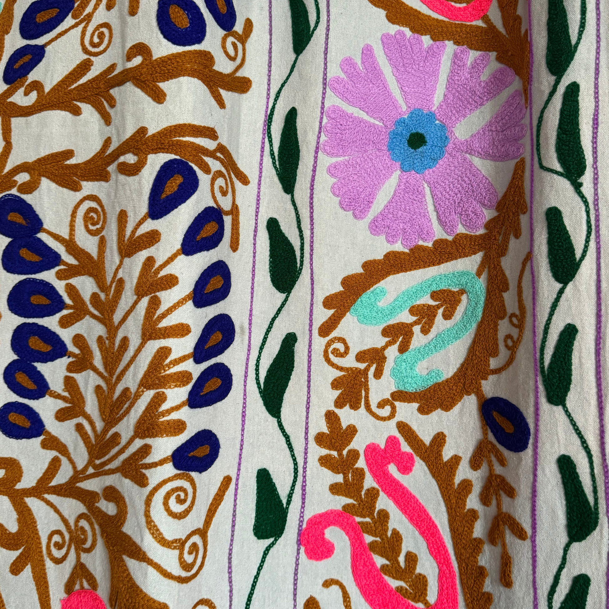 Close-up of Suzani border embroidery with bright paisley and leaf designs in pink, aqua, and mustard