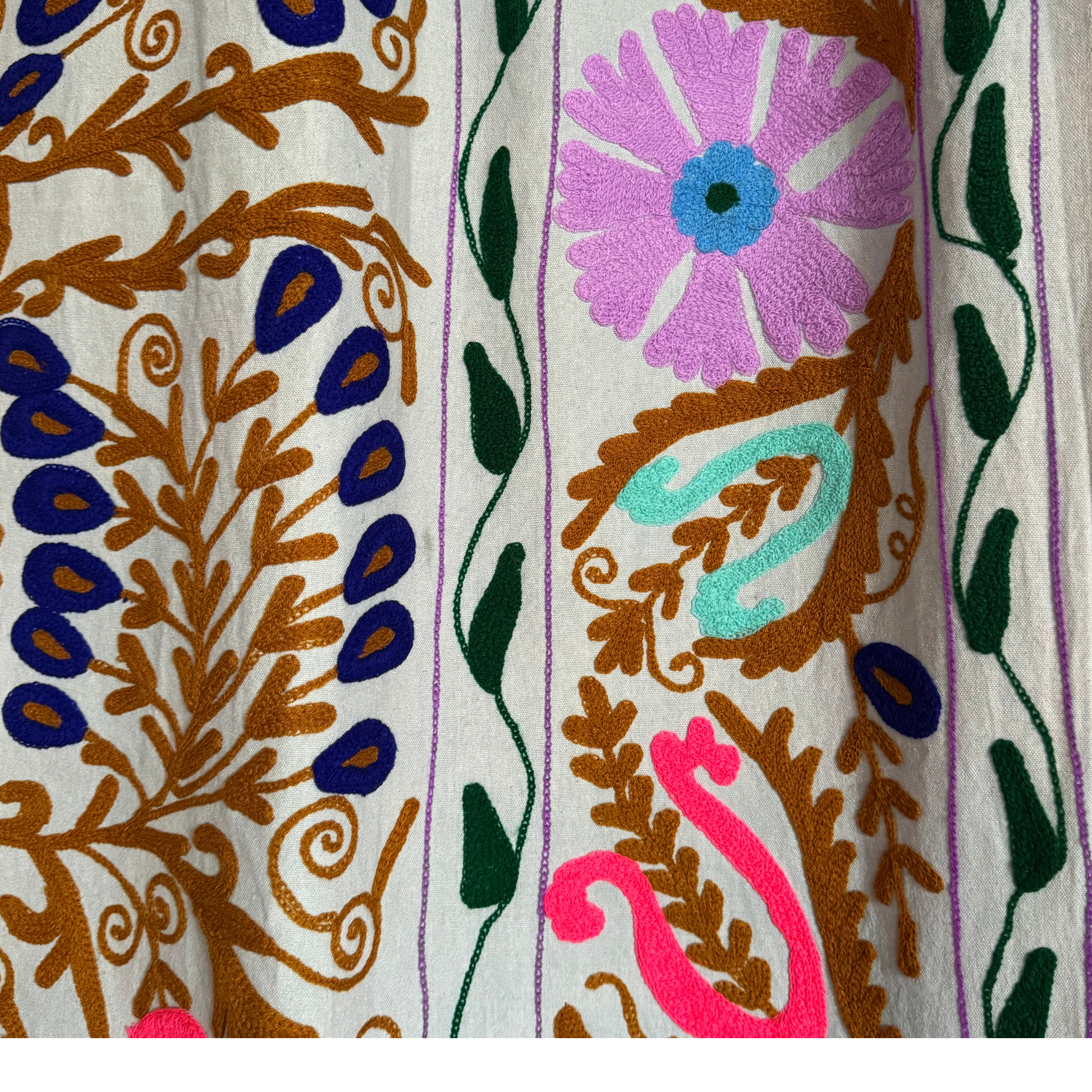 Detail of pink blossom and green vine embroidery on soft green cotton background