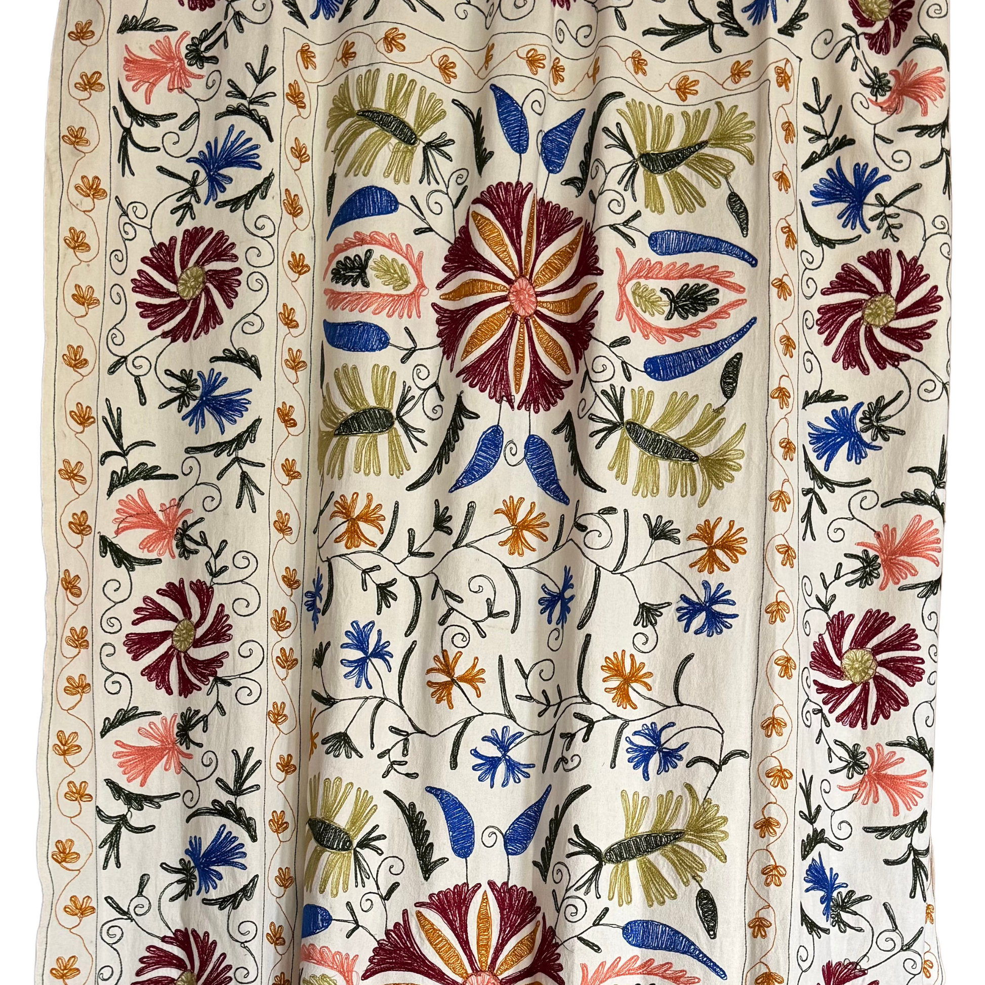 Reverse side of Suzani embroidery showing cotton backing and stitch structure